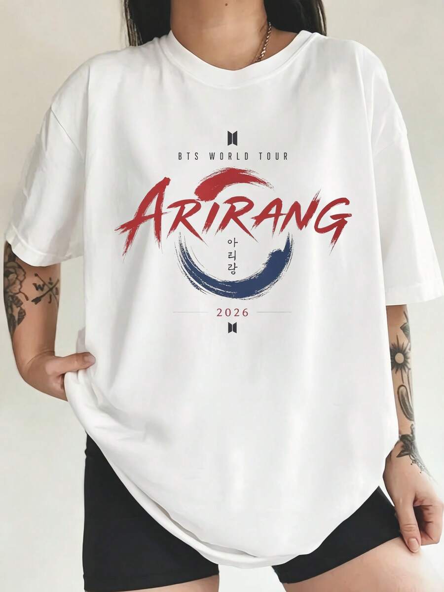 BTSS Arirang Brushstroke Design T-Shirt Korean Calligraphy Graphic - 白色 - 查看 1