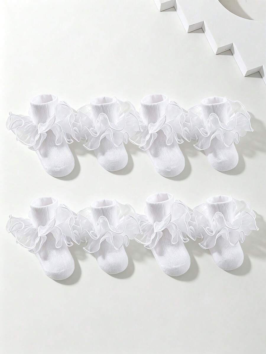 4 Pairs Girls Solid Color Ruffle Trim Cute Daily Ankle Socks, White Basic Everyday School Outfit - White - View 1