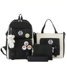 4-Piece/Set Simple Leisure Backpack, Large Capacity Backpack, Travel Bag, Canvas Backpack, Summer Camp Travel Portable Bag - Black - View 5