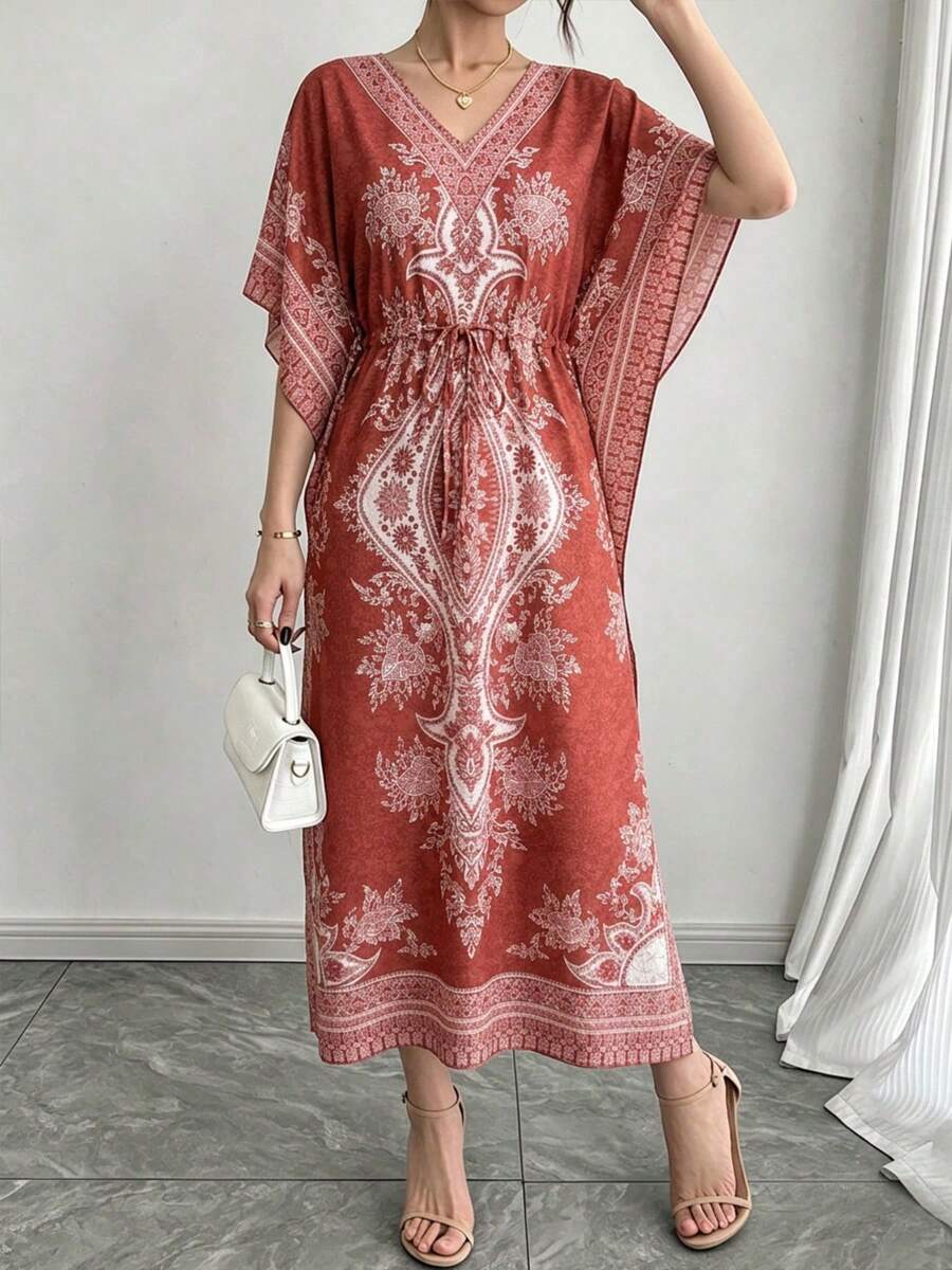中東阿拉伯風紮染拼色寬鬆V領休閒兩穿彈性修身度假短袖長版洋裝罩衫長袍 秋季 - 西瓜粉 - 查看 1
