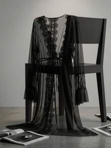Women Black Sheer Mesh Kimono Robe Floral Lace V Back Flare Sleeve Tie Waist Maxi Loungewear - Black - View 4