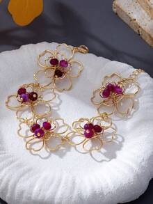 1pc Hollow Floral Design Rose Red Begonia Chain Bracelet, Unique Niche Design Bangle - Purple - View 3