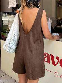 DORISS Summer Apricot Sleeveless Loose Short Jumpsuit Cotton Linen Material Daily Street Office Travel - Brown - View 5