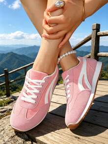 Zapatillas deportivas planas con cordones para mujer, nuevas y populares para primavera/otoño, ligeras y cómodas, zapatos deportivos casuales versátiles para campus, correr, estudiantes, viajes y caminatas - Rosa - Ver 2