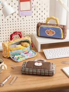 1pc Soft Handle Plaid Print Pencil Case, Large Capacity Stationery Storage Bag, Durable Thickened Fabric Zipper Portable Pencil Pouch, Layered Compartment Design Can Hold Ruler, Neutral Pen, Eraser, Highlighter, Compass And Other Writing Tools, Gentle Healing Cute Animal Pattern With Multiple Color Options, Suitable For Students, Teenagers, Office Workers, Travelers - Multicolor - View 1