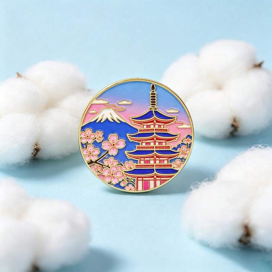 Mountain Pagoda Cherry Blossom Enamel Pin, Colorful Scenic Landscape Lapel Badge, Aesthetic Travel Brooch For Backpack Jacket, Art Lover Gift