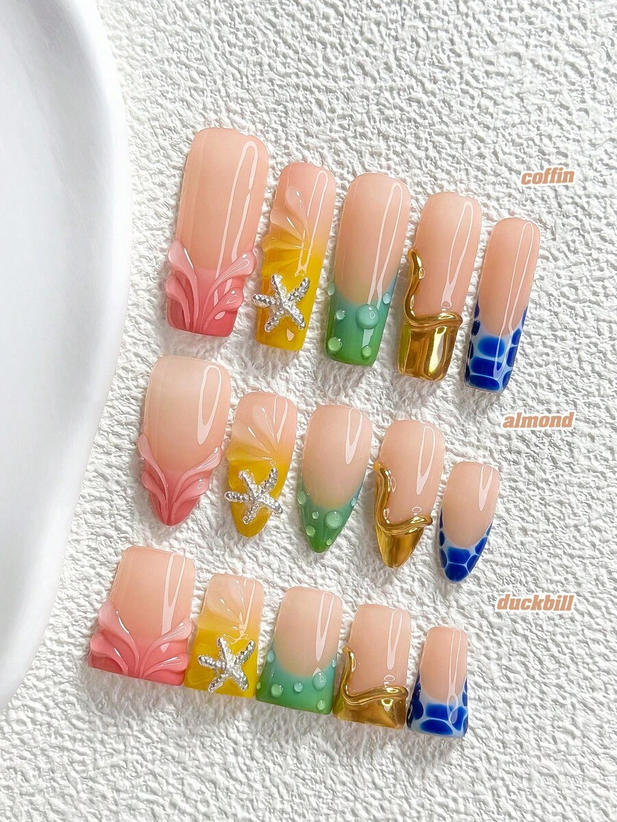 10片多巴胺風手工穿戴甲,Polygel美甲套組,含水滴與海星元素,藍色、粉色與黃色指甲油,鮮豔風格,附美甲工具,3種尺寸可選,杏仁形、鴨嘴形、棺材形,適合派對、跳舞、日常穿戴 - 彩色 - 查看 1