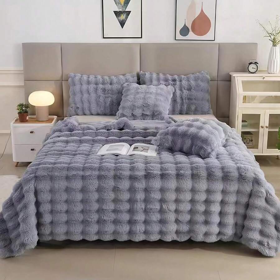 EDIMENS Faux Rabbit Fur Throw Blanket For Sofa, Reversible, Soft And Fluffy, Thick And Warm Plush Blanket For Sofa, Bed And Armchair, Decoration - 灰色 - 查看 1