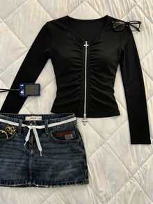 ENGU CO. Back To School Y2K Grunge Long Sleeve Crop Top, Front Ruched Double Zipper Cross Decor Slim Fitted Casual Shirt - Black - View 1