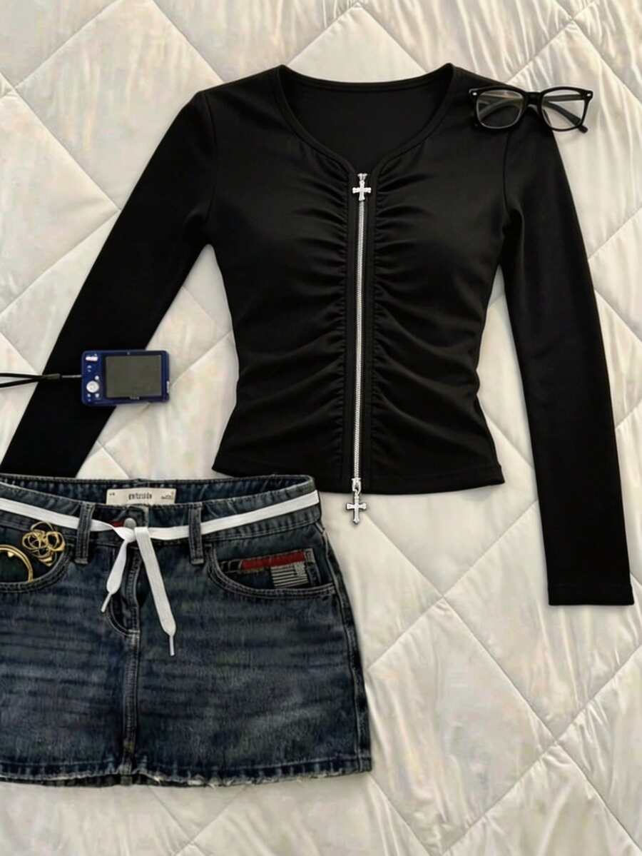 ENGU CO. Back To School Y2K Grunge Long Sleeve Crop Top, Front Ruched Double Zipper Cross Decor Slim Fitted Casual Shirt - Black - View 1