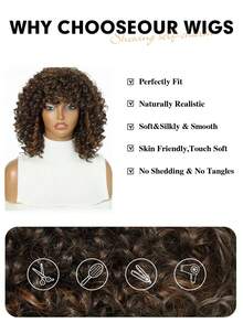 31cm 棕金色捲髮假髮附瀏海，肩長豐盈合成纖維假髮，適合女性日常配戴，自然逼真，完美適用於日常、萬聖節、聖誕節、新年慶祝、音樂節與 Cosplay - 間色 - 查看 9