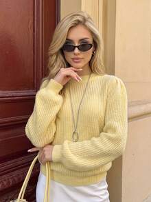 Nicenter كنزة نسائية من الصوف المخلوط باللون الأصفر الشاحب للخريف والشتاء، بتصميم مضلع محبوك، بياقة دائرية وأكمام طويلة منتفخة، فضفاضة، ناعمة الملمس ودافئة، ملابس علوية محبوكة كاجوال للاستخدام اليومي - أصفر - مشاهدة 8