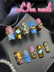 10pcs Handmade Fully Covered Square Nails Press On Nails, Ginger Color Fake Nails,Glossy Cute Y2K Fresh Summer Luxury Reusable,With Jelly Glue&Nail File,Suitable For Daily Beach Birthday Party Cosplay,Girly Shiny Retro Baroque Vacation Manicure Gift - Ginger - View 2