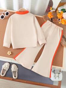 Young Girl Letter Print Collared Long Sleeve Sweatshirt And Flare Pants Casual Set - Apricot - View 2
