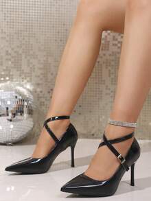 Women's Black Glossy Cross Strap Pointed Toe Low Vamp Stiletto Heel Pumps, Y2K Elegant Commuter Style High Heels - Black - View 3