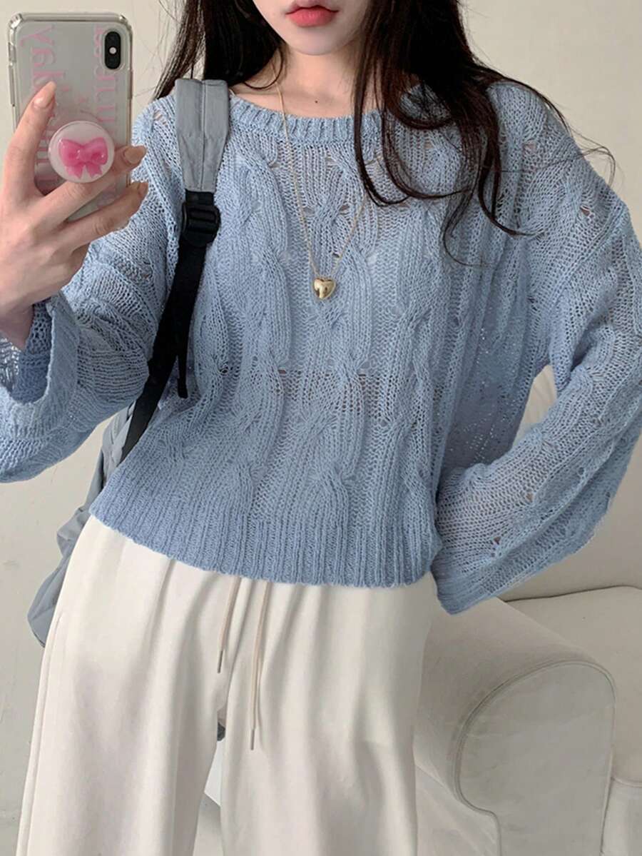 YCYC Spring/Autumn Women's Versatile Slouchy Perforated Long Sleeve Knit Top - Blue - View 1