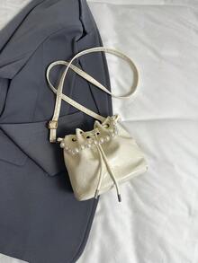 Women Drawstring Bag Mini Sling Bag Bucket Bag Diamond Lattice Daily Outdoor Bag - Beige - View 6