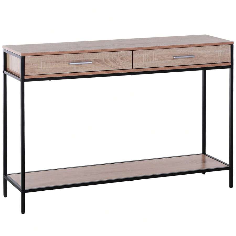 HOMCOM Consola para Recibidor Mueble para Recibidor Estilo Industrial con Cajones y Estructura de Acero para Entrada Pasillo 120x30x81,5 cm Roble - roble y negro - Ver 1
