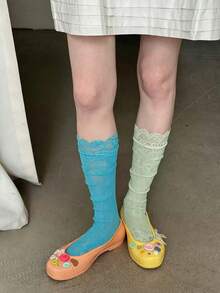1 Pair French Vintage Girl Calf Socks, Y2K Sweet Cool Style, Spring Summer Lace Hollow Mesh Slouch Socks - Multicolor - View 3