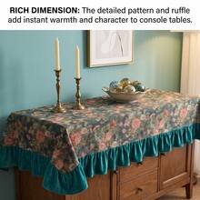 1pc Dark Green Vintage Rose Jacquard Tablecloth With Dark Green Ruffle Edge, Lightweight Luxury Vintage Style Jacquard Fabric, Rectangular Shape, Dark Green Ruffle Edge Splicing Detail Decoration, Functional Home Long Tablecloth Suitable For Family Breakfast, Brunch And Daily Dining Scenes - Green - View 6