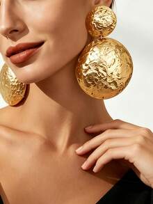 1 Pair European And American Minimalist Exquisite Artistic Style Glossy Gold-Plated Alloy Handmade Wrinkled Lava Texture Small Top Large Bottom Double Layer Round Hoop Long Earrings For Women, Commute, Banquet, Beach Vacation, Exaggerated Heavy Metal Earrings - Yellow Gold - View 2