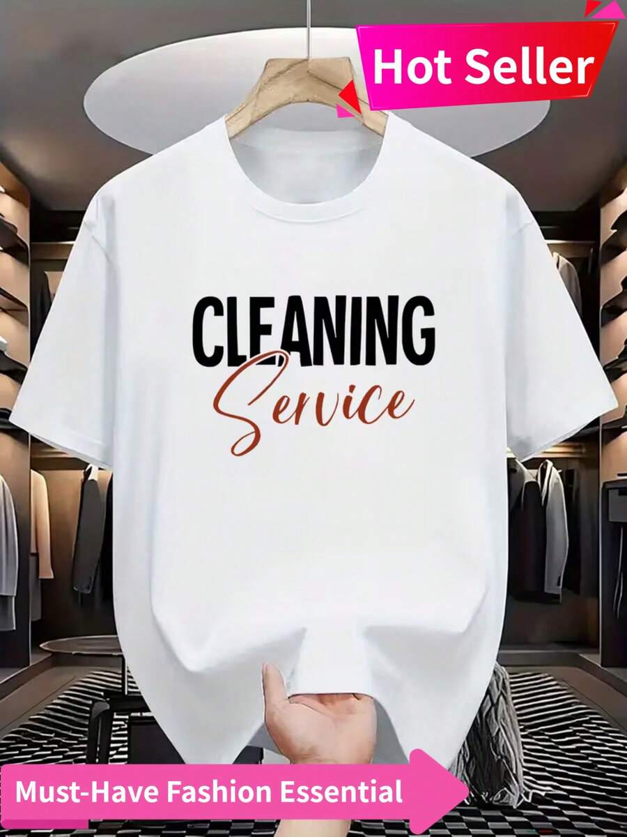 Herren-T-Shirt mit Reinigungsdienst-Aufdruck - Weiches, atmungsaktives 100% Polyester, lässiger Rundhalsausschnitt, kurze Ärmel, Sommer-T-Shirt mit Branding für Reinigungs- und Hausmeisterdienste - Weiss - Übersicht 1