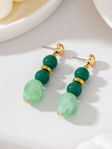 Long Bright Green & Marble Green Acrylic Beaded Drop Earrings, Summer Vacation Statement Earrings - Bright Green Mist Green - View 10