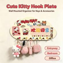 Sanrio 可愛 Hello Kitty 雲朵造型壁掛式鑰匙架，免鑽孔玄關鑰匙掛架，自黏式 6 個鉤子卡通裝飾掛鉤，臥室入口居家裝飾禮物，門後掛式收納架，節日禮物 - 彩色 - 查看 1