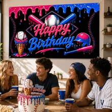 Baseball Ice Cream Drip Birthday Banner Decorations Sports Theme Happy Birthday Backdrop, Baseball Party Hanging Banner Birthday Party Supplies Photo Booth Decor - Neon - View 6