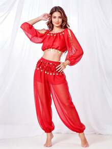 Professional Belly Dance Coin Fringe Halter Crop Top, Elastic Waist Dot Mesh Harem Pants For Dance Training, Cultural Shows And Competitions - Multicolor - View 9