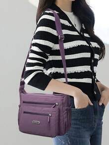 Casual Nylon Shoulder Bag With Adjustable Strap, Multi-Compartment Crossbody Bag, Solid Color, Zipper Closure, Polyester Lining, Lightweight For Daily Use - Purple - View 5