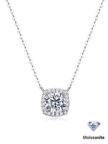 1件 S925 純銀 1.1CT 莫桑石方形光環吊墜項鍊，優雅鎖骨鏈，百搭日常約會珠寶，極簡高端風格，女性禮物項鍊，婚禮項鍊，時尚情人節商務通勤配件 - 銀色 - 查看 2