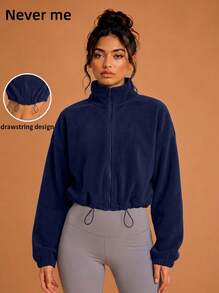 Never me Women's Thick Full Zip Short Jacket, High Neck Drawstring Hem Outdoor Running Top - Navy Blue - View 1
