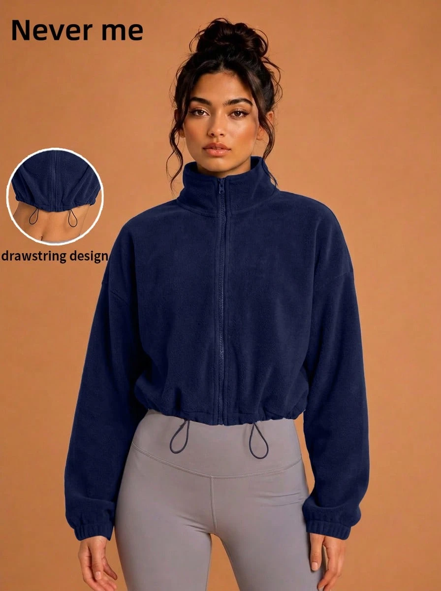 Never me Women's Thick Full Zip Short Jacket, High Neck Drawstring Hem Outdoor Running Top - Navy Blue - View 1