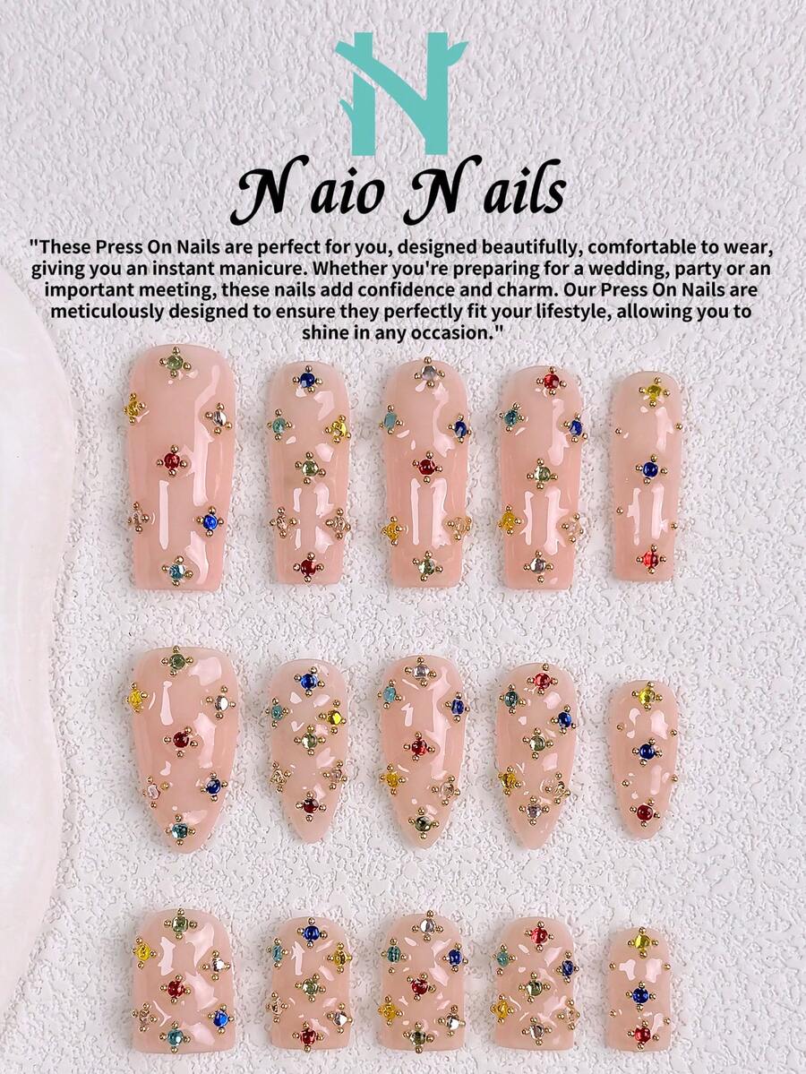 NAIO 10件/組 Y2K 手工穿戴式假指甲,裸色透明底色,多色水鑽金色迷你珠飾美甲,極簡亮面奢華日常風,適合派對婚禮日常配戴,3種尺寸棺材形/杏仁形/短方型,壓克力假指甲 - 彩色 - 查看 1