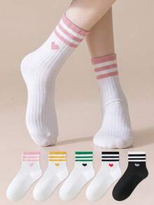 ZUJO 5 Pairs Women's College Style Mid-Calf Socks, Heart Stripe Pattern Short Socks Sports Socks, Simple And Comfortable, Suitable For All Seasons - Multicolor - View 1