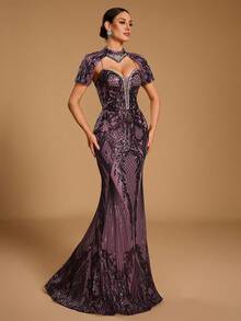 GIFORU Women's Elegant Romantic Deep V-Neck Rhinestone Mermaid Cocktail Dress, Sequin Decorated Party Long Gown, Unique Fashion Wedding Fall - Lilac Purple - View 8