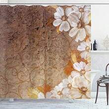 Grunge Shower Curtain, Flowers And Leaves Pattern On Cracked Wall With Floral Lines Classic Design, Cloth Fabric Bathroom Decor Set With Hooks, 70" L - White Brown - View 1