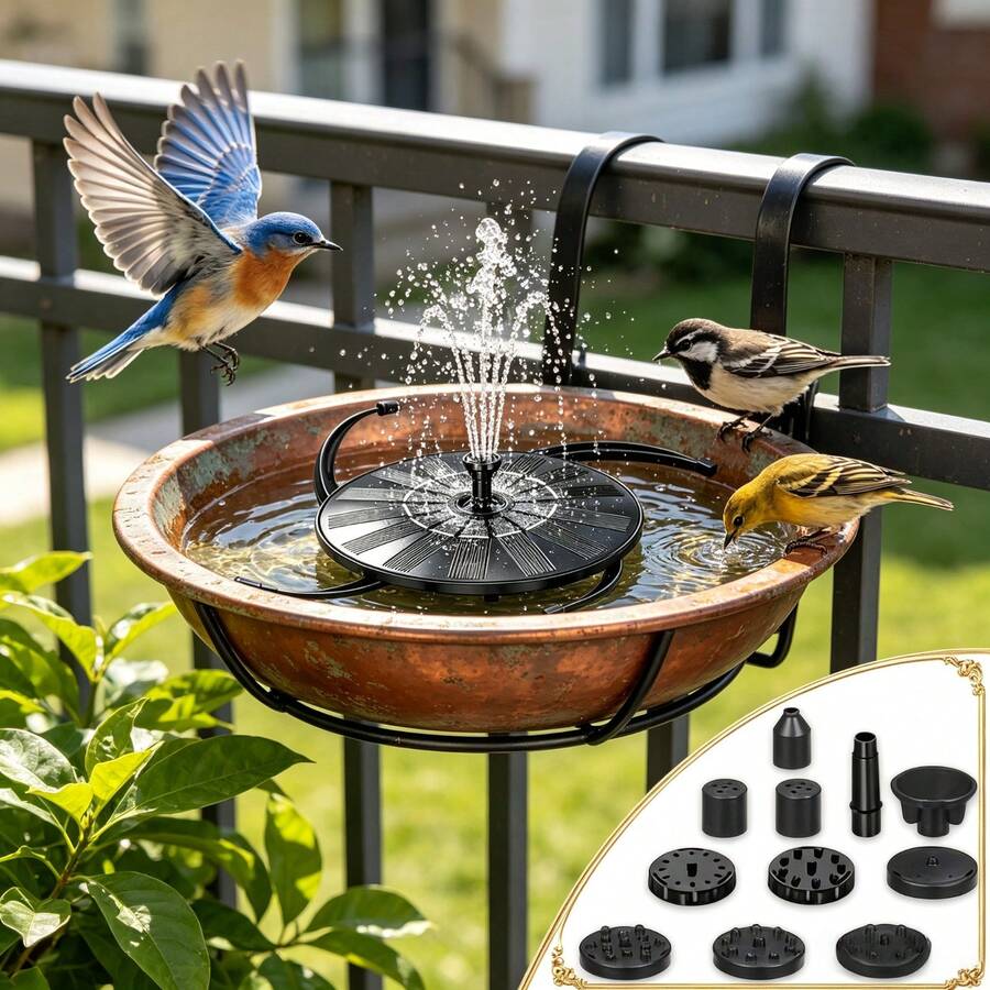 Solar Floating Bird Bath Fountain, Upgraded Solar Powered Water Fountain Pump With Multiple Nozzles, Outdoor Decor Solar Water Feature For Garden Railing Bird Bowl, Wild Bird Attracting Yard Ornament - Black Round-stand Model - View 1