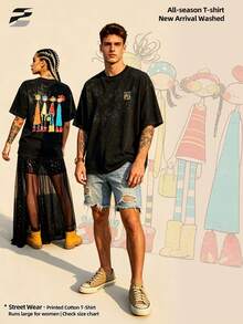 230g Washed Double-Sided Printed Short Sleeve-Shirt, Round Neck Relaxed Fit Casual Tee, Soft Lightweight Versatile Basic Top Daily Wear. - Black - View 5