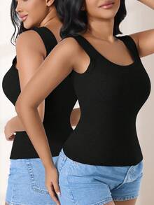 CELILIN Wide Strap Non-Digging Square Neck Ribbed Waist Tank Top With Built-In Padding, Slimming Versatile Base Layer - Black - View 5