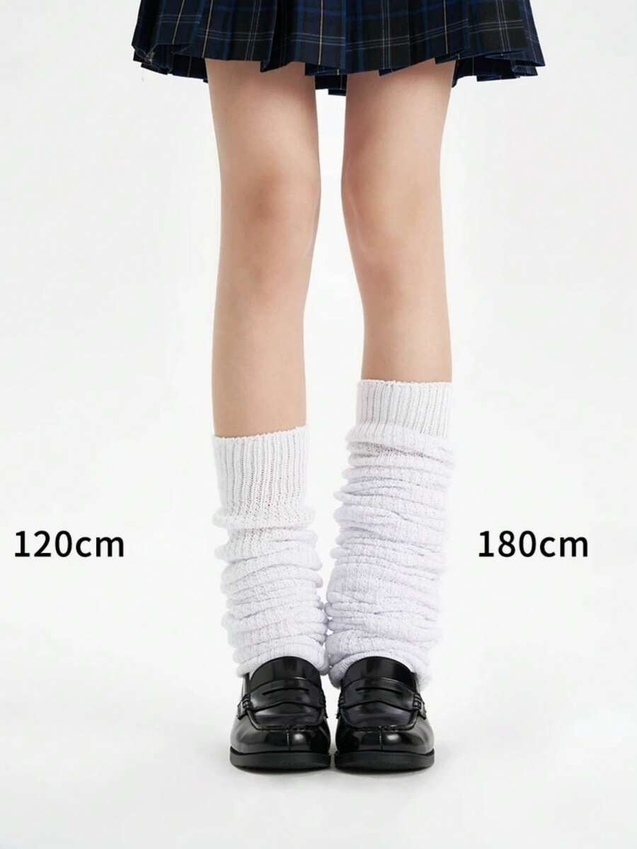 1 Pair Of Autumn And Winter White Knee-High Socks. Grey Terry Socks, Warm High-Cut Socks, JK Socks, Slouchy Socks - Multicolor - View 1