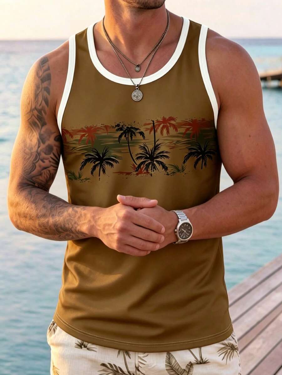 男士度假風椰子樹印花背心，夏季海灘休閒無袖上衣 - 棕色 - 查看 1