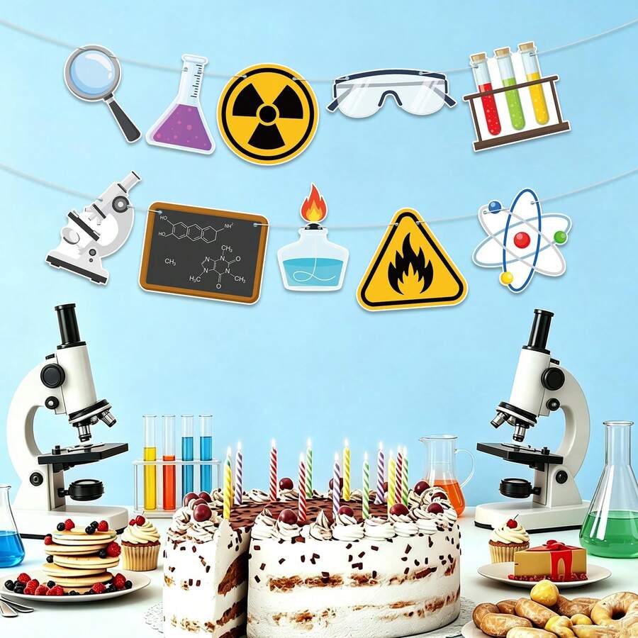 Science Lab Theme Banner Garland, 10 Kinds Cartoon Lab Cutout Bunting, Beaker Radiation Sign Goggles Microscope Atom Flame Warning Hanging Decor For Scientist Birthday Party Classroom Decor,Party Props, Party Favors - Multicolor-a - View 1