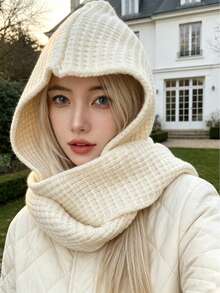 1pc Women's Fashion Solid Color Black/Beige/Khaki/Brown Knitted Pattern Warm Hooded Scarf, Suitable For Dating, Outings, Daily Wear - Multicolor - View 3