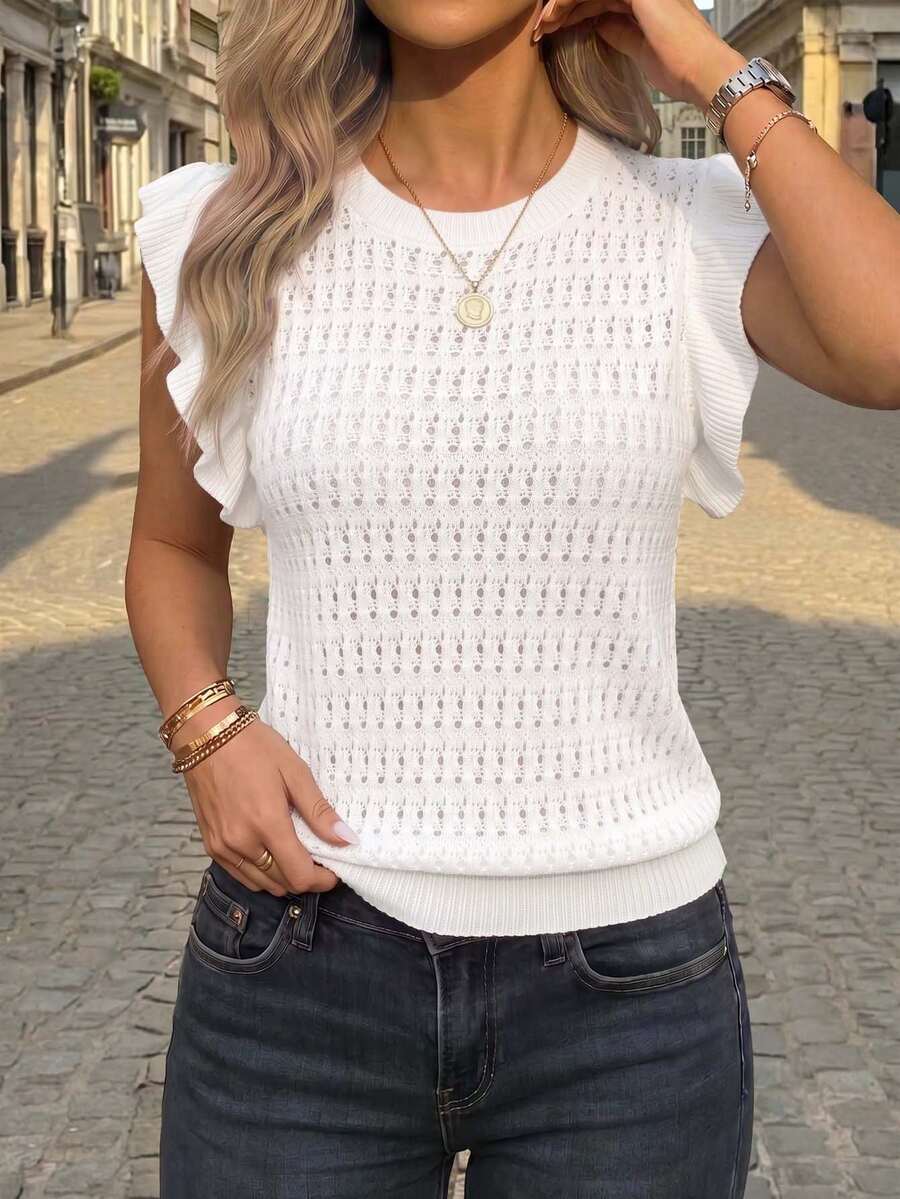 Women's Autumn Crochet Knit Striped Sweater Vest, Lightweight Round Neck Ruffle Hem Short Sleeve Top