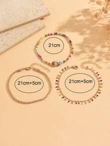 3pcs/Set Vacation Style Colorful Rice Bead Small Fish Beaded Water Drop Tassel Anklet Set, Popular Versatile Women's Foot Jewelry Suitable For Daily Wear And Vacation, Beaded And Tassel Color Arrangement Is Random - Multicolor - View 4