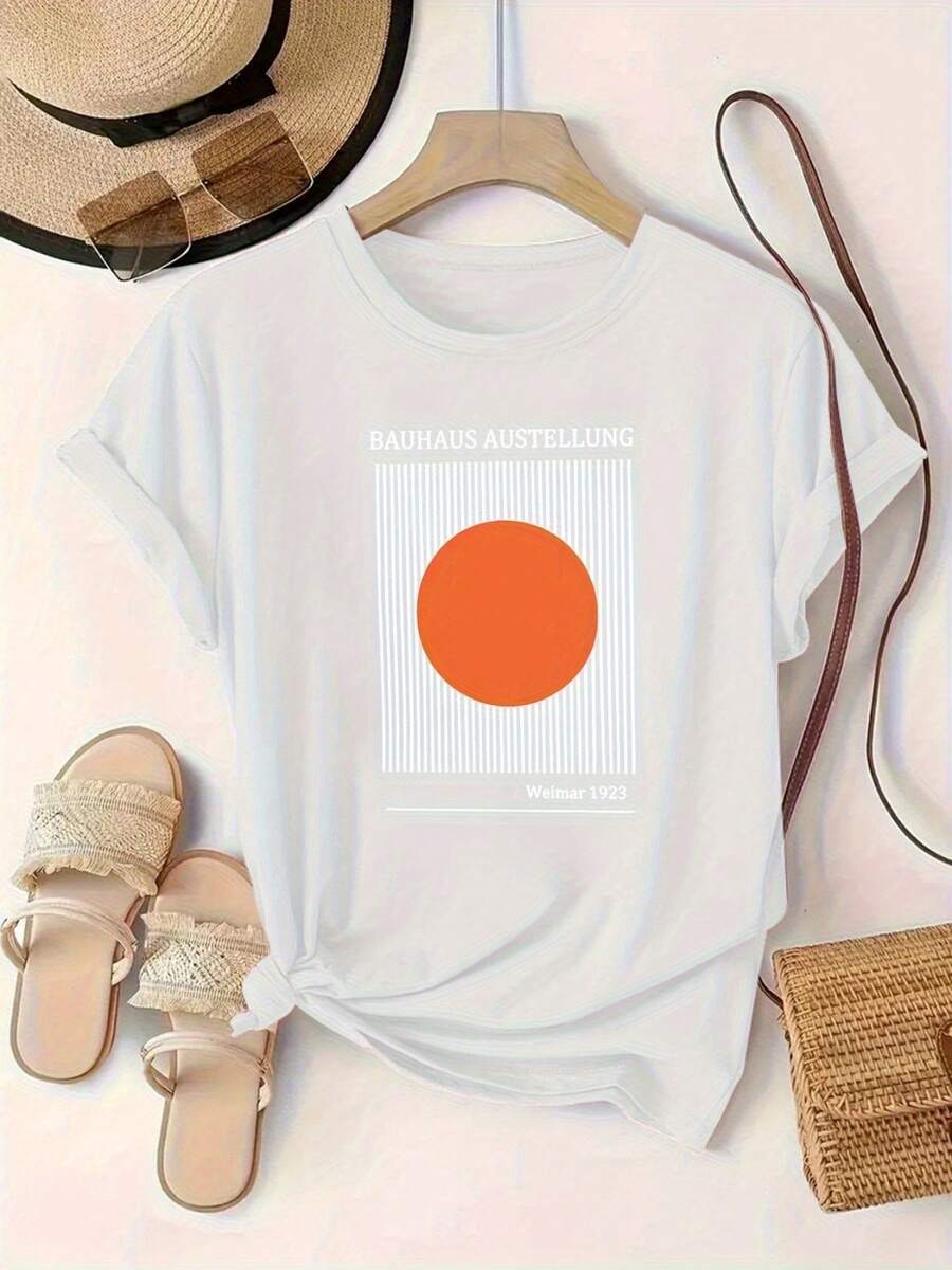 Women's T-Shirt Printed Pattern Print Orange With BAUHAUS EXHIBITION Weimar 1923 Text And Circular Letter Round - White - View 1
