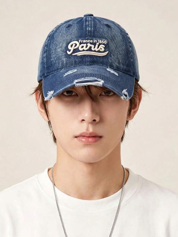 Vintage Distressed Washed Denim Baseball Cap, Paris Letter Embroidery Destroyed Ripped Curved Brim Adjustable Streetwear Sun Hat For Women Men