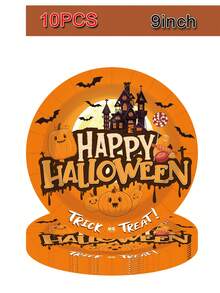 50pcs Halloween Theme Paper Plates, Cups And Napkins, Birthday Party Decorations, Happy Halloween, Pumpkin Bat, Castle Elements, 7 Inch Party Dessert Plates, 9 Inch Dinner Plates And 9oz Paper Cups, Napkins, Halloween Party Supplies - Multicolor - View 11